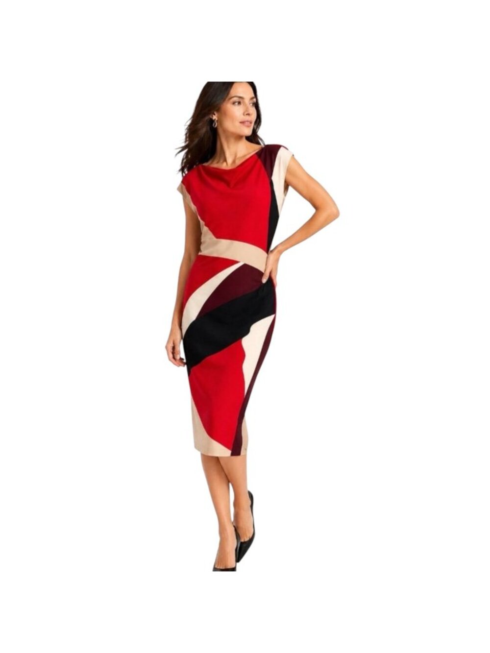 Donna Karan NWT $159 Women's Bold Geo Print Sheath Dress Size 8 Red Black Beige